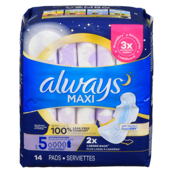 Always Maxi Size 5 Extra Heavy Overnight With Wings 14ct